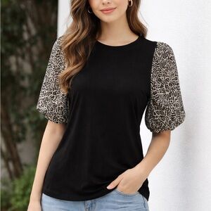 Donna Karan Black Blouse with Leopard Print Puff Sleeves
